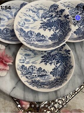 4- Enoch Wedgwood Countryside Blue & White 5” Bowls, English Transferware